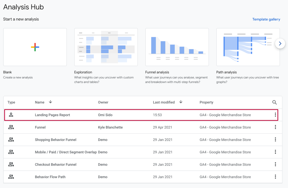 Landing page report in Google Analytics 4