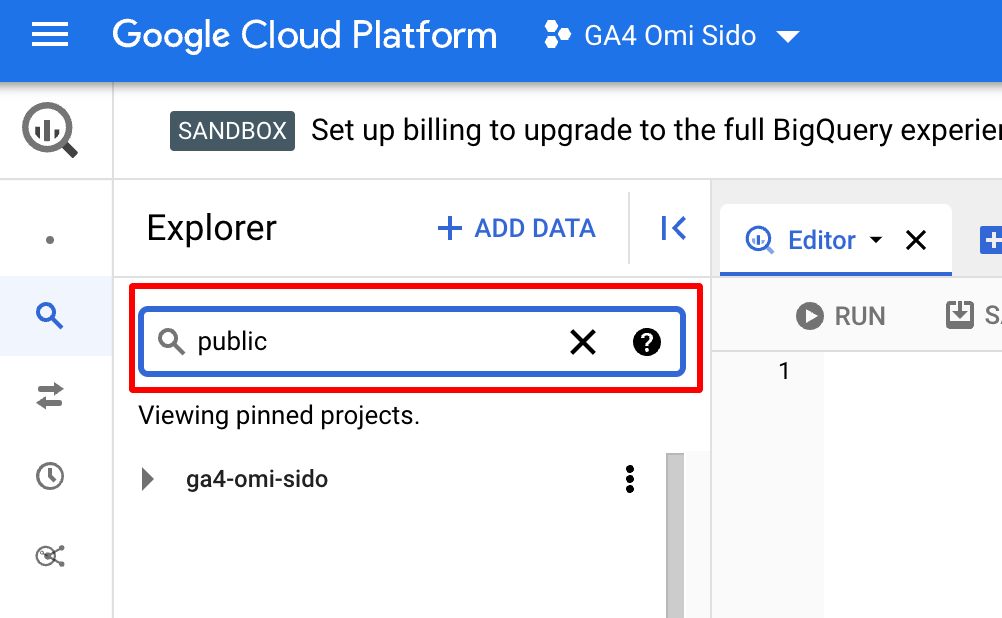 To find the Google BigQuery public dataset search for 'public'