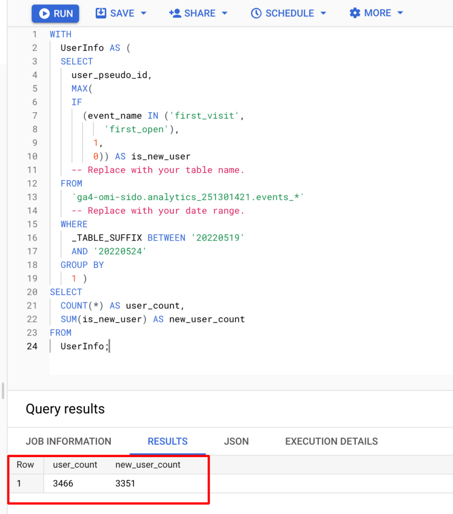 Total Users v New Users BigQuery example