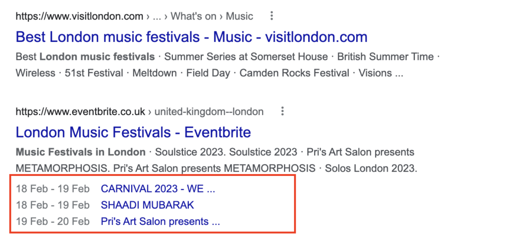 Event rich snippets