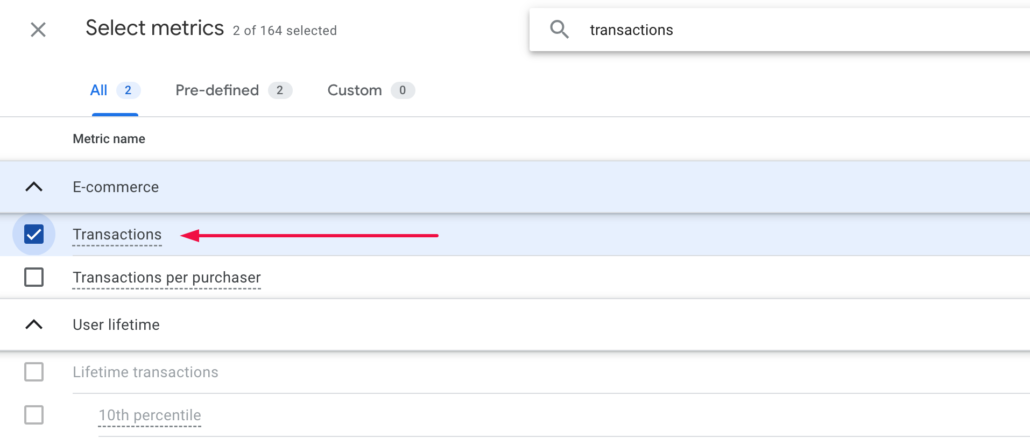 Inserting the transactions metric into the exploration report